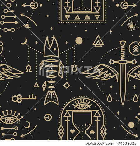 Gold esoteric seamless pattern, background. Vector Thin line geometric pattern. Outline texture for alchemy, sacred geometry. Mystic and magic design with dagger and wings, fish bone Gold esoteric seamless pattern, background. Vector Thin line geometric pattern. Outline texture for alchemy, sacred geometry. Mystic and magic design with dagger and wings, fish bone 74532323