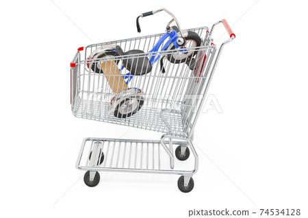 Shopping cart with childrens tricycle, kids bicycle. 3D rendering 74534128