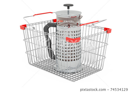 Shopping basket with coffee plunger, press pot. 3D rendering 74534129