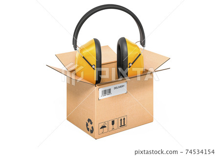Ear defenders inside cardboard box, delivery concept. 3D rendering Ear defenders inside cardboard box, delivery concept. 3D rendering 74534154