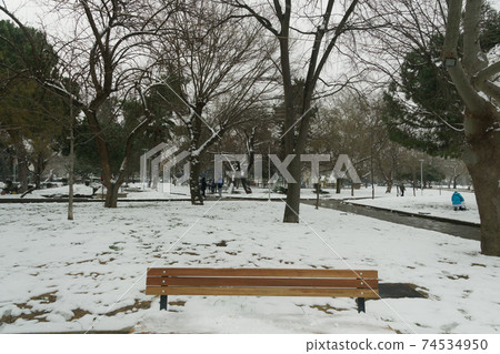Thessaloniki, Greece Medea front hits with heavy snowfall the city center. 74534950