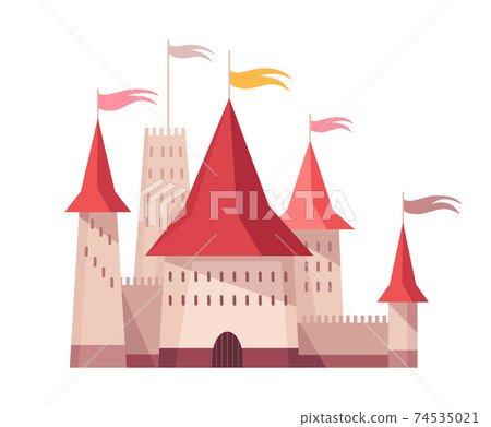Medieval kingdom character. Fairy-tale castle of middle ages historic period. Vector building exterior design Medieval kingdom character. Fairy-tale castle of middle ages historic period. Vector building exterior design 74535021