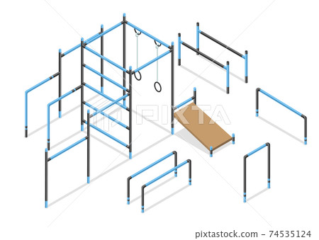 Workout isometric street area elements. Outdoor gymnastic or athletic gym equipment isolated on white. City public park street workout zone. Sport park constructor Workout isometric street area elements. Outdoor gymnastic or athletic gym equipment isolated on white. City public park street workout zone. Sport park constructor 74535124