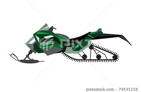 Winter ride on snowmobile. Motor sled, vehicle for extreme travelling on snow and ice, winter recreation. Vector flat style cartoon illustration isolated on white background 74535158
