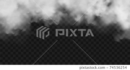 Realistic fog, mist effect. Smoke on dark background. Vector vapor in air, steam flow. Clouds. 74536254