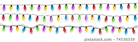 Christmas glowing lights. Festival garlands with colorful bulbs. Greeting card design element. New 74536339