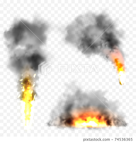 Realistic black smoke clouds and fire. Flame blast, explosion. Stream of smoke from burning objects 74536365
