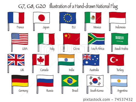 Hand-drawn illustrations of G20, G8, G7 flags fluttering in the wind with sticks Hand-drawn illustrations of G20, G8, G7 flags fluttering in the wind with sticks 74537432