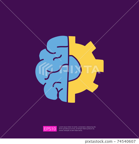 engineering related doodle with brain and gear symbol. artificial intelligence AI concept for inspiration, development, brainstorming sign. fill color line vector illustration 74540607