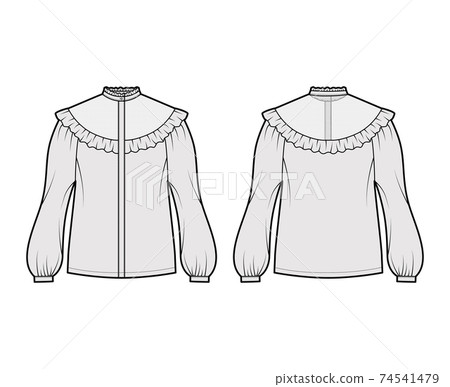 Prairie blouse technical fashion illustration with bouffant long sleeves, stand collar, ruffle yoke, cuff hide button up Prairie blouse technical fashion illustration with bouffant long sleeves, stand collar, ruffle yoke, cuff hide button up 74541479