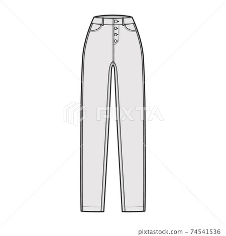 Jeans botton fly tapered Denim pants technical fashion illustration with full length, waist, high rise, 5 pockets, Rivet 74541536