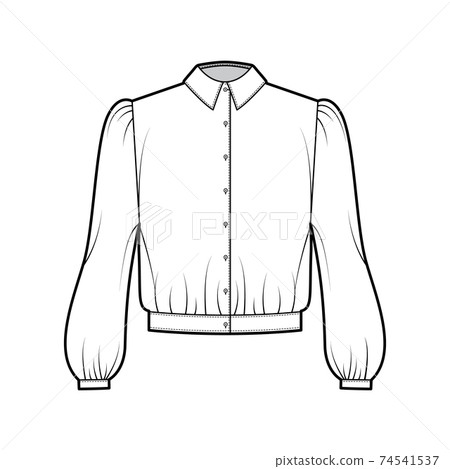Blouson blouse technical fashion illustration with bouffant long sleeves, classic shirt neck, oversized, button up. Flat 74541537