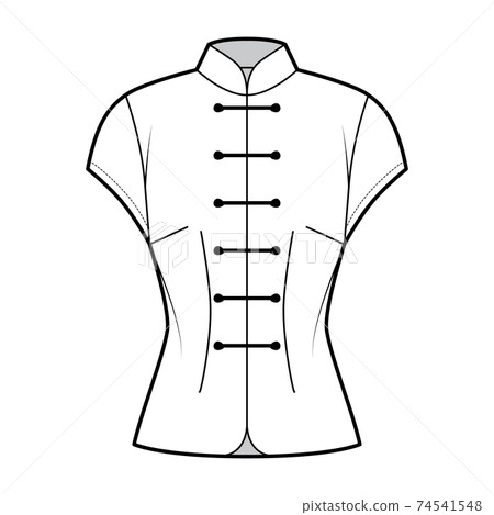 Mandarin blouse technical fashion illustration with cap sleeves, stand neck, fitted body, Frog closure. Flat Chinese  74541548