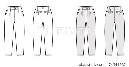 Capri pants technical fashion illustration with belt loops, mid-calf length, normal waist, high rise, slash, flap pocket 74541582