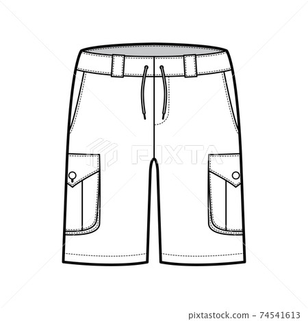Short cargo technical fashion illustration with mid-thigh length, low waist, rise, slashed, bellows pocket. Flat Bermuda Short cargo technical fashion illustration with mid-thigh length, low waist, rise, slashed, bellows pocket. Flat Bermuda 74541613