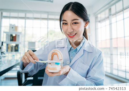 Dentist demonstrating way of brushing teeth 74542313