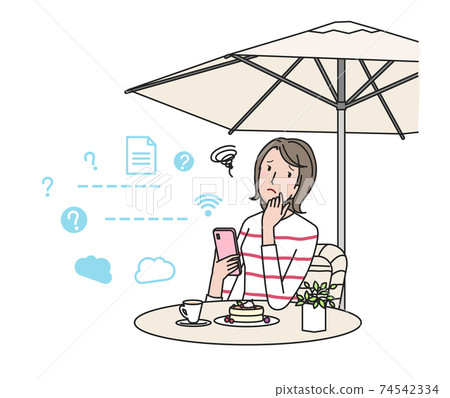患有智能手機麻煩(網絡工作)的年輕女子 患有智能手機麻煩(網絡工作)的年輕女子 74542334