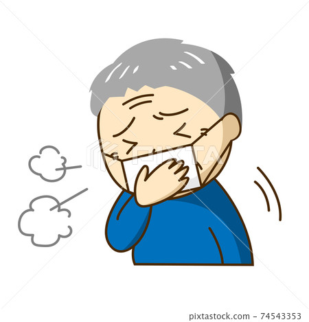 An old man in a mask who coughs painfully 74543353