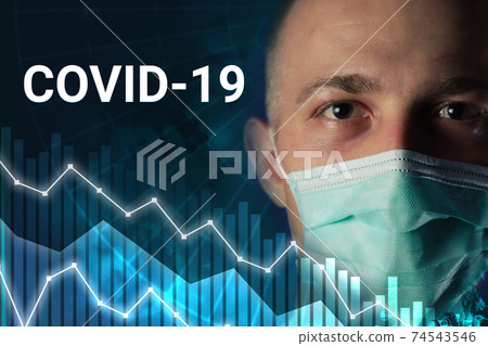 Man portrait in medical mask. . Drawn graph on blue background stock market collapse or financial economy crisis Man portrait in medical mask. . Drawn graph on blue background stock market collapse or financial economy crisis 74543546