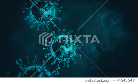 Close-up of coronavirus cells or bacteria on dark blue background with copy space 74543547