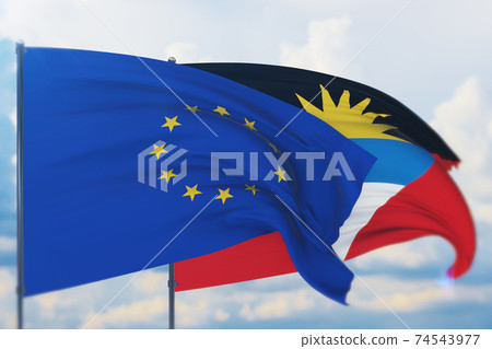 Waving European Union flag and flag of Antigua and Barbuda. Closeup view, 3D illustration. Waving European Union flag and flag of Antigua and Barbuda. Closeup view, 3D illustration. 74543977
