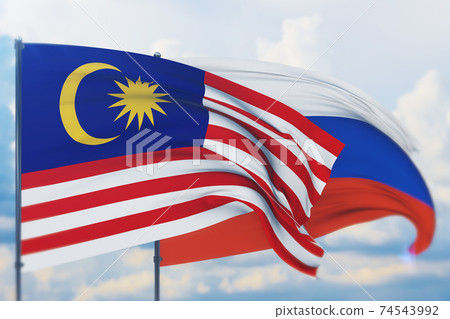 Waving Russian flag and flag of Malaysia. Closeup view, 3D illustration. Waving Russian flag and flag of Malaysia. Closeup view, 3D illustration. 74543992