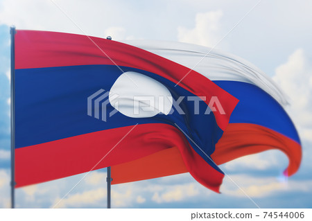 Waving Russian flag and flag of Laos. Closeup view, 3D illustration. 74544006