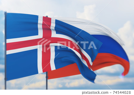 Waving Russian flag and flag of Iceland. Closeup view, 3D illustration. 74544028