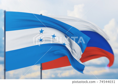 Waving Russian flag and flag of Honduras. Closeup view, 3D illustration. Waving Russian flag and flag of Honduras. Closeup view, 3D illustration. 74544031