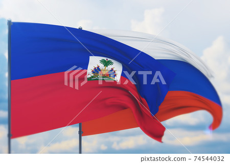 Waving Russian flag and flag of Haiti. Closeup view, 3D illustration. Waving Russian flag and flag of Haiti. Closeup view, 3D illustration. 74544032