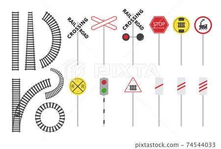 Train railroad sign set - isolated rail tracks and warning road signs Train railroad sign set - isolated rail tracks and warning road signs 74544033