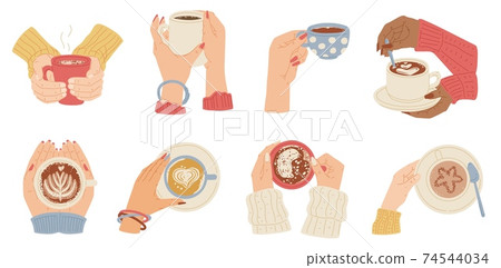Hands holding cups of hot coffee drinks flat vector illustration isolated. Hands holding cups of hot coffee drinks flat vector illustration isolated. 74544034