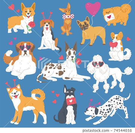 Happy pets dogs with hearts, animals with flowers and love cards for valentines. Happy pets dogs with hearts, animals with flowers and love cards for valentines. 74544038