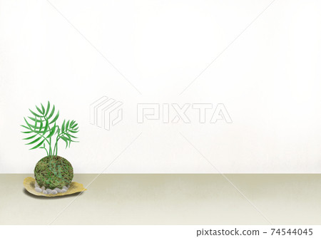一個簡單的白色房間，帶有明亮自然的氛圍，並配有桌棕櫚苔蘚球（金盤子和日本現代白色石材裝飾） 74544045