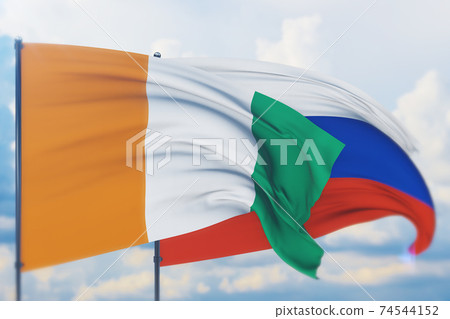 Waving Russian flag and flag of Cote Ivoire. Closeup view, 3D illustration. Waving Russian flag and flag of Cote Ivoire. Closeup view, 3D illustration. 74544152