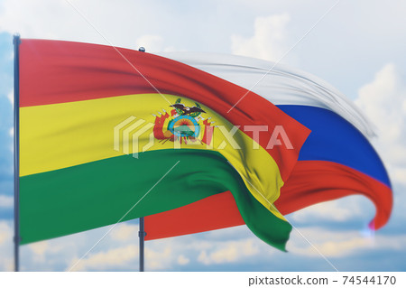 Waving Russian flag and flag of Bolivia. Closeup view, 3D illustration. Waving Russian flag and flag of Bolivia. Closeup view, 3D illustration. 74544170