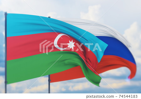 Waving flags of the world - Russian flag and flag of Azerbaijan. Closeup view, 3D illustration. Waving flags of the world - Russian flag and flag of Azerbaijan. Closeup view, 3D illustration. 74544183