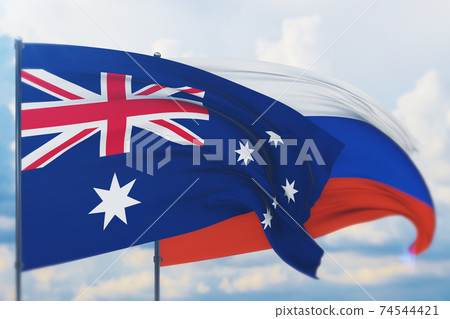 Waving Russian flag and flag of Australia. Closeup view, 3D illustration. 74544421