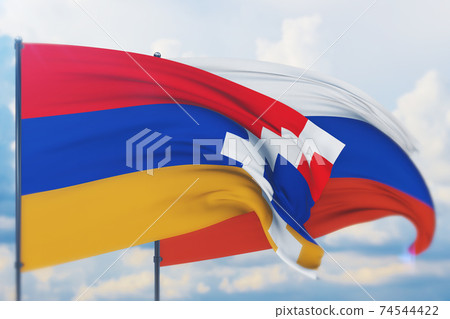 Waving Russian flag and flag of Artsakh. Closeup view, 3D illustration. 74544422