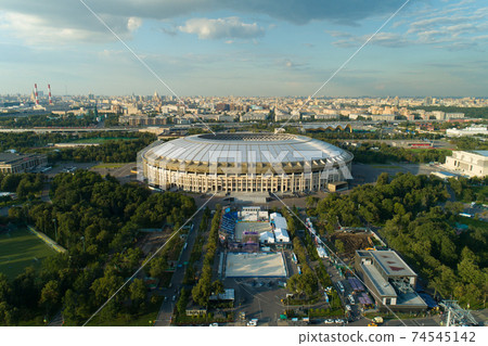 aerial view of moscow river cityscape and stadium 74545142