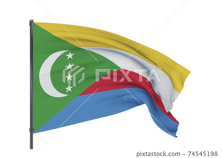 3D illustration. Waving flags of the world - flag of Comoros. Isolated on white background. 74545198
