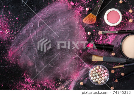 Makeup brushes, pearls and other products, shot from the top 74545253