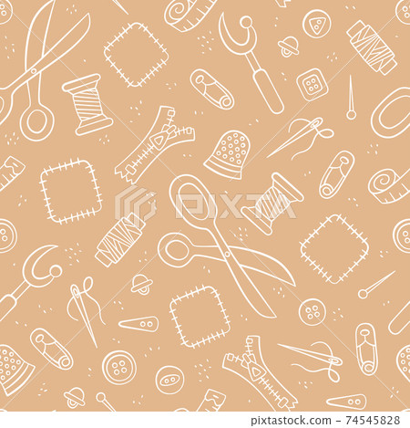 Tools and accessories for Sewing and needlework. Seamless pattern in doodle and cartoon style. 74545828