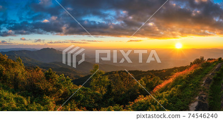 Tropical forest nature landscape sunset view with mountain range at Doi Inthanon, Chiang Mai Thailand panorama 74546240