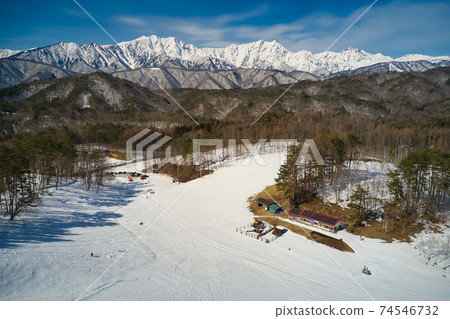 Majestic Jiigatake, Kashimayarigadake, Goryudake seen from the Nakayama Plateau, Omachi City, Nagano Prefecture (aerial view by drone) 74546732