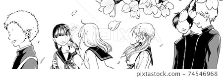 Monochrome illustrations of cherry blossoms and students 74546968
