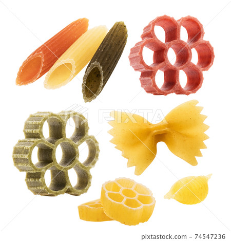 Set of various durum wheat pasta isolated on a white background. Stacked photo Set of various durum wheat pasta isolated on a white background. Stacked photo 74547236