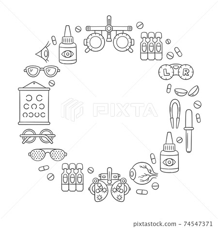 Ophthalmology hand drawn set. Contact lens, eyeball, glasses, phoropter and more. Optometry doodle objects 74547371