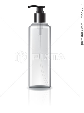 Clear square cosmetic bottle with pump head and black ring for beauty or healthy product. Isolated on white background with reflection shadow. Clear square cosmetic bottle with pump head and black ring for beauty or healthy product. Isolated on white background with reflection shadow. 74547798