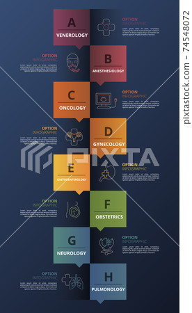 Infographic Medical template. Icons in different colors. Include Venerology, Anesthesiology, Oncology, Gynecology and others. Infographic Medical template. Icons in different colors. Include Venerology, Anesthesiology, Oncology, Gynecology and others. 74548072